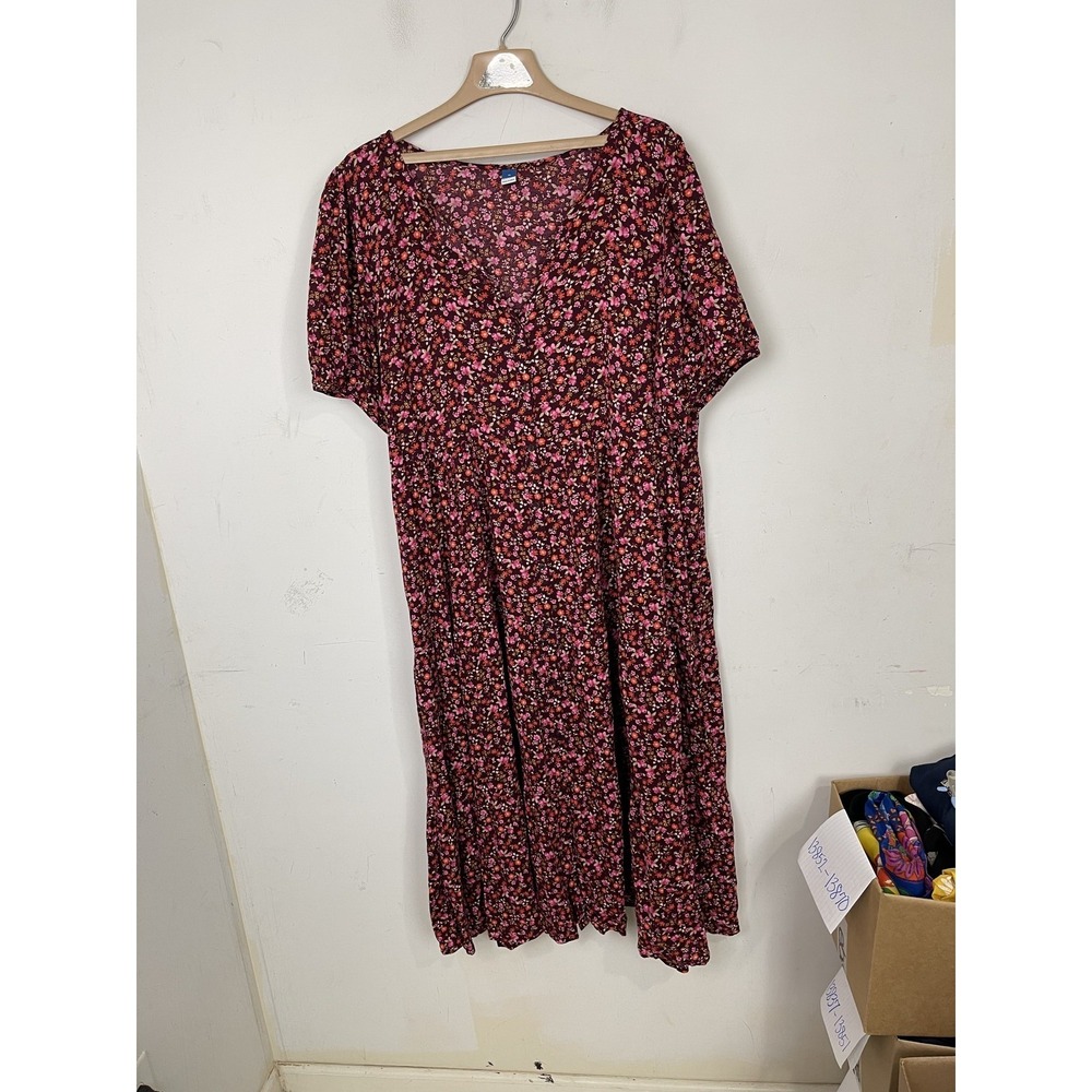 Old Navy Womens XL Burgundy Floral V-Neck Short Sleeve Maxi Dress Button Front